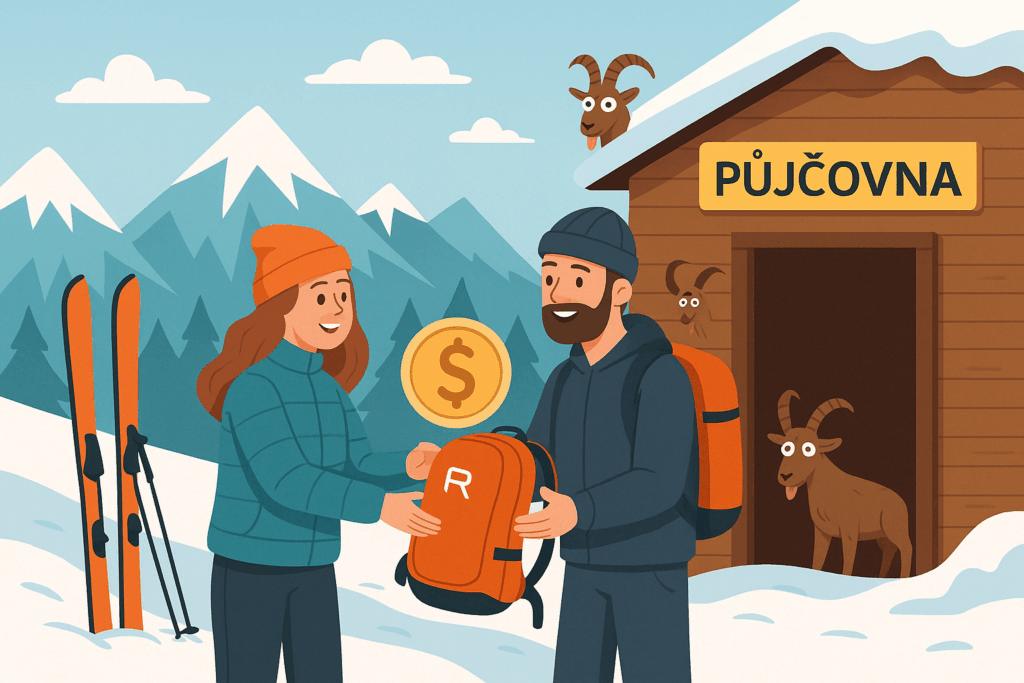 "Muž si půjčuje lavinový batoh v horské půjčovně, vedle zapíchnuté lyže, žena mu předává výbavu, v pozadí chata a kozoroh"